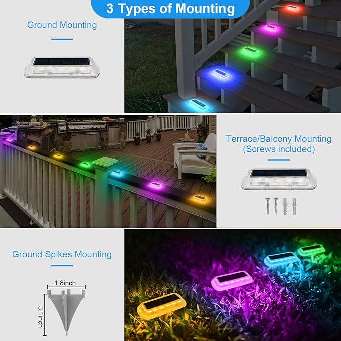 T-SUN Solar Deck Lights Outdoor Waterproof, Deck Lights Solar Powered, Driveway Marker Light for Fence Front Door, Step, Stair, Garden, Sidewalk, Pathway, Dock Porch, Backyard (Multicolor, 8 Packs)
