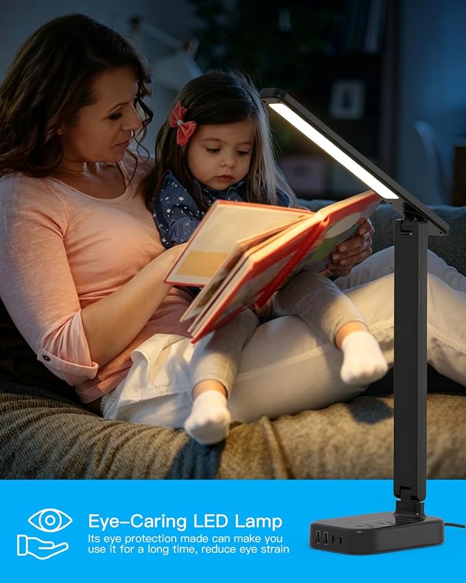 LED Desk Lamp Power Strip with 4 USB 3 Outlets, Dorm Room Essentials, Black | One Beat 4 Modes 5 Level Brightness Touch Lamp, Small Desk Lamp for Home Office College Dorm Essentials, Study Reading Light
