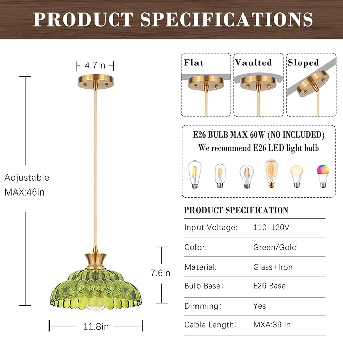 2Pack Glass Pendant Lights, 11.8" Vintage Lighting Green Glass Light Fixtures Brushed Gold Modern Green Chandelier Hanging Ceiling for Kitchen Island Dining Room Restaurant Foyer Entryway