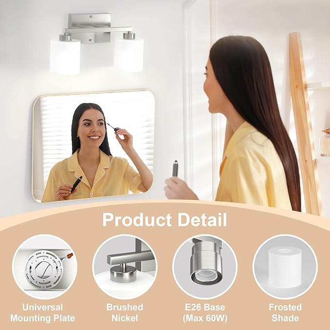 Honesorn Modern Vanity Lights - 2-Light Brushed Nickel Bathroom Mirror Lights with Frosted Shade & Anti-Rust Finish, E26 Wall Mounted