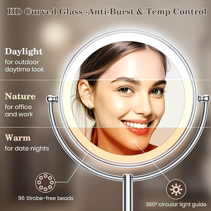 11.8" Extra Large 17" Tall Lighted Makeup Mirror, 1X/5X/10X 3-Sided Magnifying Mirror with 96 LEDs, 3 Color Dimmable Lights, 360° Swivel Dual Power Vanity Mirror, Silver Nickel Luxury Gift Box