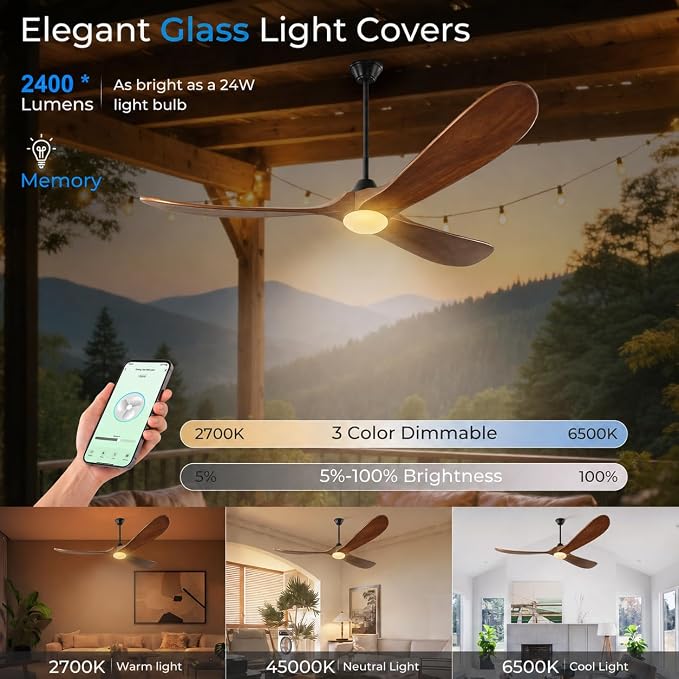 52 inch Outdoor Ceiling Fans with Lights-Glass Lamp, Smart Ceiling Fan with WIFI Alexa and App Remote Control, Damp Rated Wood Propeller Blades for Patios & Porch, 3 Blades, High CFM 6 Speed, Walnut