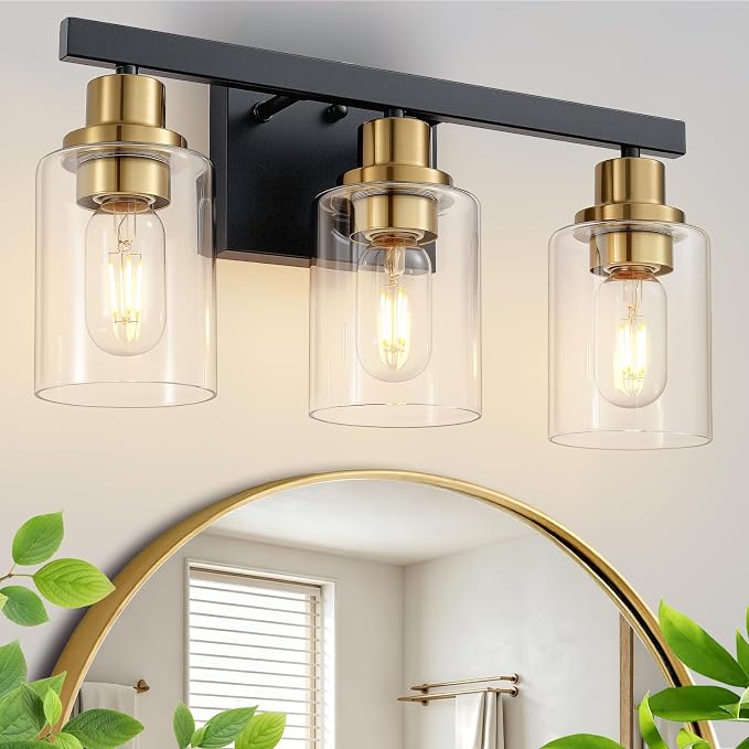 3-Light Bathroom Light Fixtures,Black and Gold Vanity Lights 17" | Modern Wall Sconce Lighting,Vanity Light Over Mirror with Clear Glass Shade,Farmhous Wall Mounted for Bathroom,E26 Base