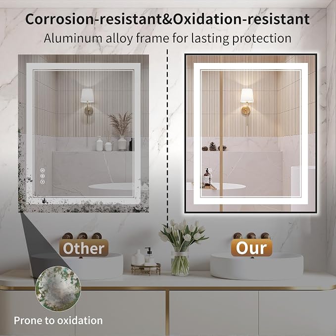 30"x36" LED Bathroom Mirror with Lights, Front & Backlit, Anti-Fog | Lighted Mirror with Dimmable, Aluminum Frame, 3 Color Temperature, CRI 90+, Touch Control with Memory, HD Tempered Glass