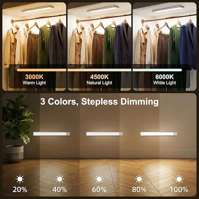 Motion Sensor Light Indoor, 80 LED Under Cabinet Lighting Battery Operated with 3 Color Temps, 1800mAh Rechargeable Closet Lights Wireless for Kitchen, Pantry, Stair (2 Pack)
