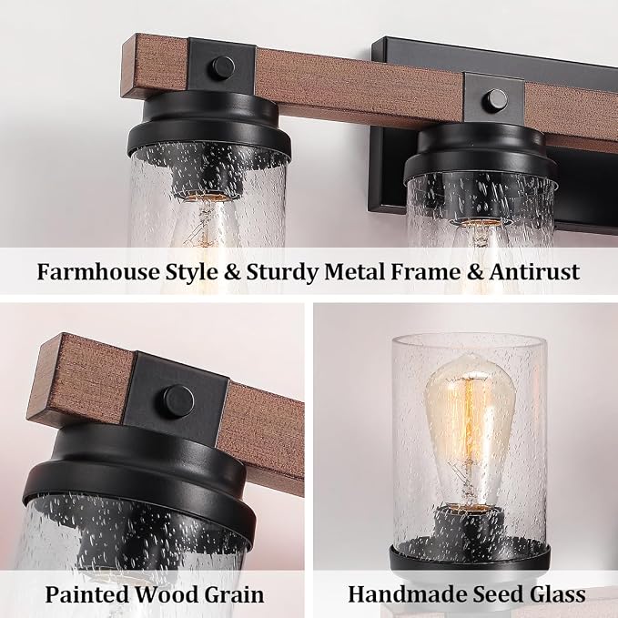 3-Light Farmhouse Vanity Lights Bathroom Lighting Fixtures Over Mirror | Faux Wood Rustic Wall Mount Light with Clear Seeded Glass Shade,Industrial Black Metal Wall Sconces for Bathroom Living Room