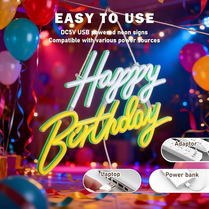 Happy Birthday Neon Sign, Neon Sign for Wall Decor, USB Powered Dimmable Neon Light, LED Happy Birthday Light Up Sign for Party, Perfect for Backdrop Birthday Party Decoration, White and Yellow