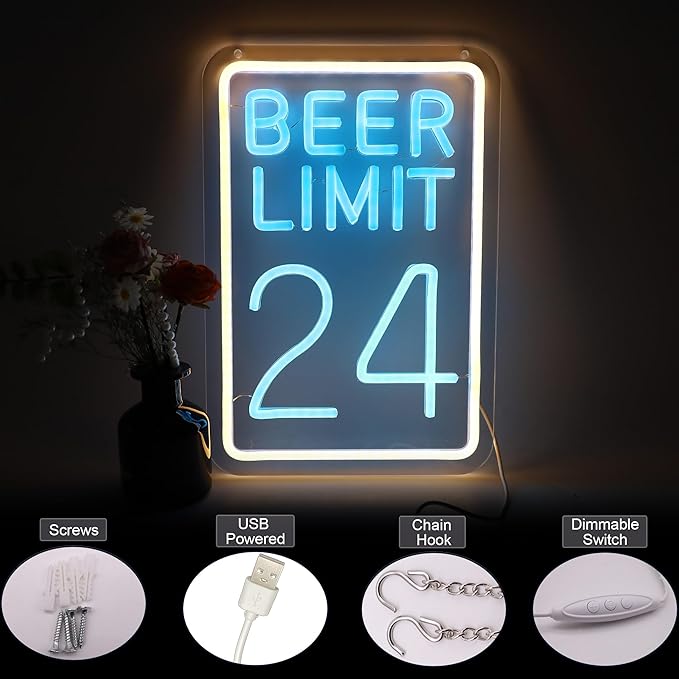 Beer Limit 24 Neon Sign Bar Accessories Funny Bar Wall Decor with Dimmable USB Powered Neon Light for Home Bar, Men Cave, Garage & Party Decor Holiday Birthday Gift