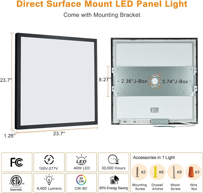 6-Pack Black 2x2 LED Flat Panel Light Surface Mount, 0-10V Dimmable | 40W-30W-20W & 3000K-4000K-5000K Selectable, 100-277V, ETL Listed