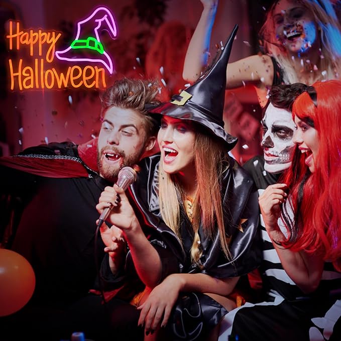 Happy Halloween Neon Sign Mysterious Purple Green Hat LED Neon Light for Wall Decor Dimmable USB Powered Halloween Light Up Sign for Halloween Decor Home Spooky Party bedroom Decor(16.5 * 12.6 In)