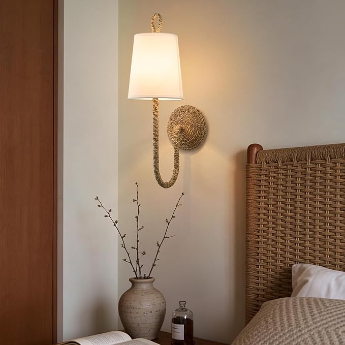 Boho Coastal Rattan Wall Sconce: Set of 2 Wicker Hardwired Bathroom Lights | Natural Woven Bohemian Beachy Nautical Sconces, White Fabric Scalloped Light Fixture for Bedroom Bedside Vanity Hallway Decor