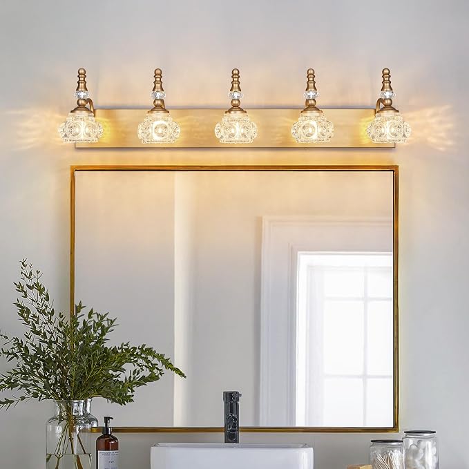 Modern Glass Crystal Vanity Light - Vintage Bathroom Lighting Fixtures Over Mirror, 5 Light Vanity Lights G9 Bulb (35.43 Inch,Brass)