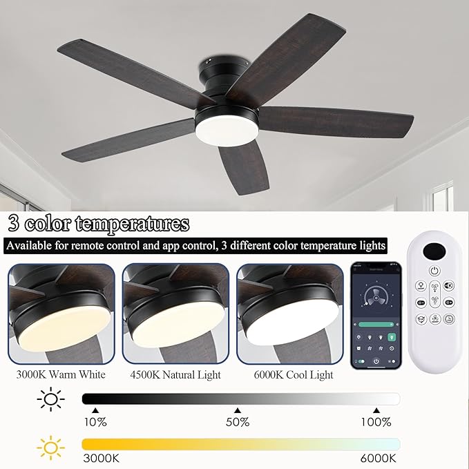 Ceiling Fans with Lights, 48Inch Low Profile Ceiling Fan with Light and Remote/App Control, Flush Mount, Reversible, 3CCT, Dimmable, Noiseless, Indoor/Outdoor Patios (Brown)