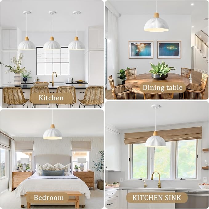 White Pendant Light Kitchen Island, 11.8" Wood Pendant Light Modern Farmhouse Dome Hanging Light for Dining Room Bedroom Bar Sink