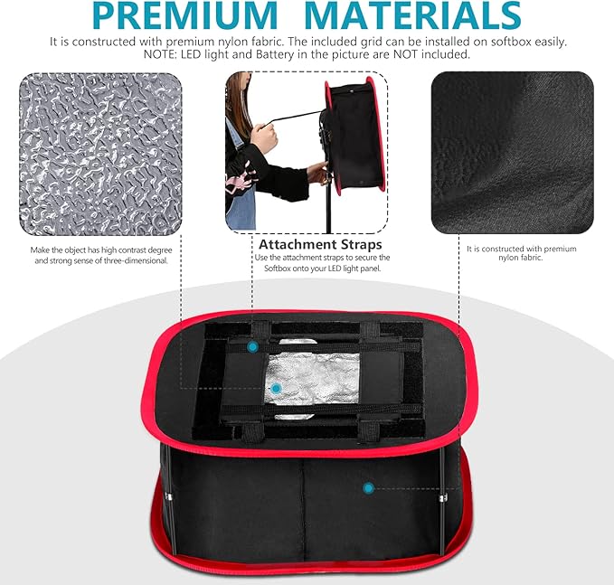 NEEWER Foldable Softbox Light Box with Strap Clip, Grill and Carry Bag | Compatible with NEEWER 480/660/530 LED Light Panels, Opening 9.3 x 8.3 in, Black + Red