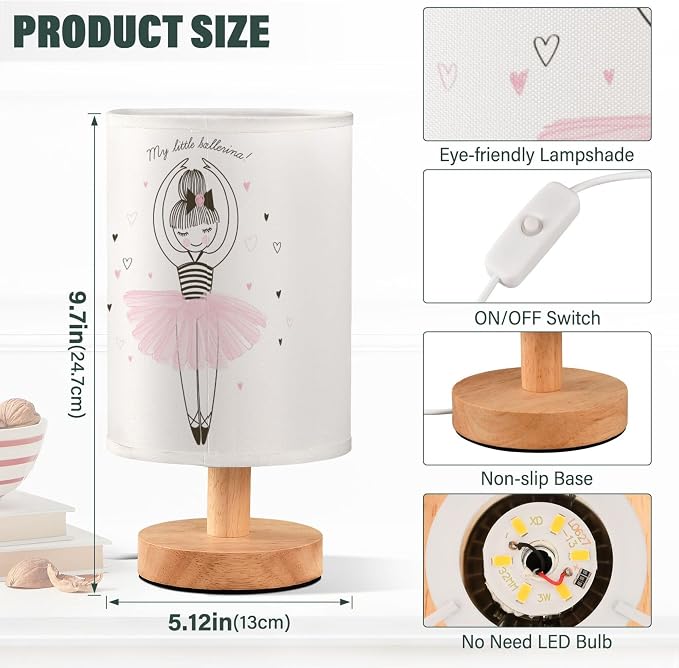 Table Lamp Cute Ballerina Girl Princess Dancing Ballet with Heart Nightstand Lamp with Wood Base Fabric Lamp Shade Bedside Desk Lamp for Living Room Bedroom Kids Room Office