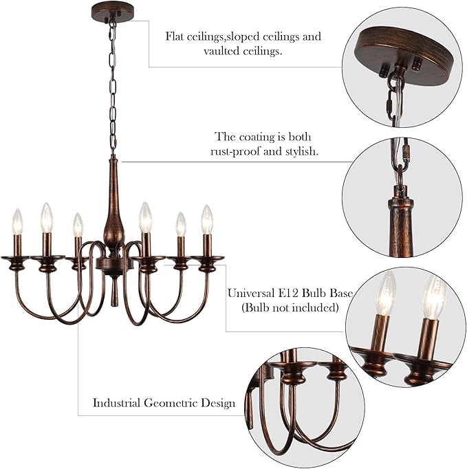 24" Farmhouse Chandelier for Kitchen Island, 6-Light French Country Chandelier with Adjustable Chain, Oil Rubbed Bronze Candle Pendant Light for Dining Room, Living Room, Foyer