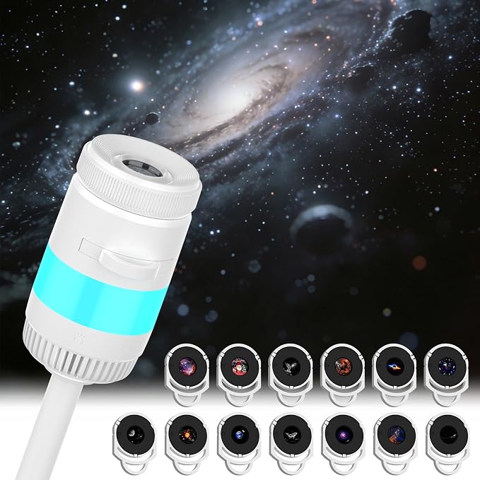 Galaxy Projector Night Light with 13 Films, 5 Colors, 360° Rotation | 2-in-1 galaxy projector with 13 films, 5-color night light, adjustable brightness and 360° rotation for bedrooms.