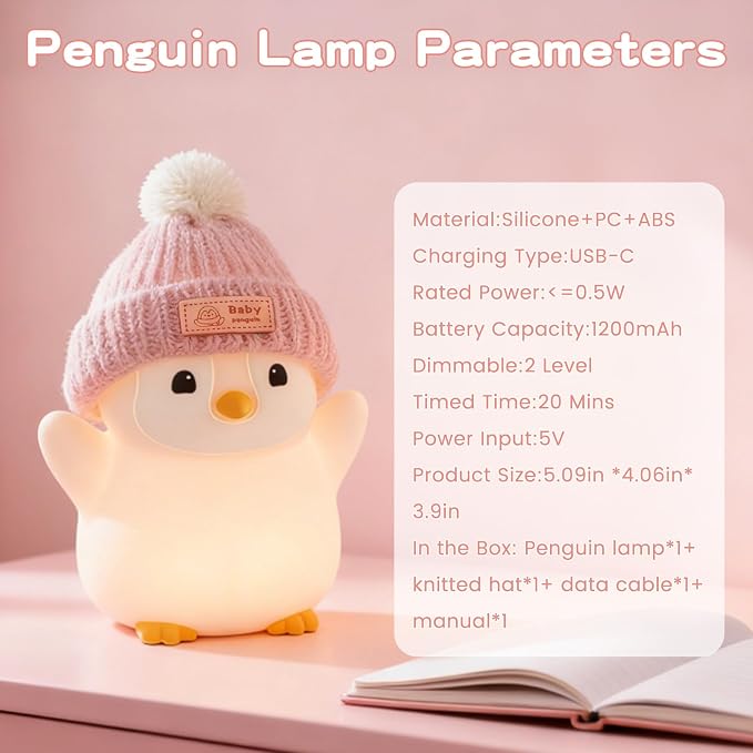 FAMIDUO Penguin Night Light for Kids,Pink Penguin Lamp with Knit Hat | Squishy Silicone,Rechargeable Dimmable Timer LED Bedside Lamp,Cute Animal Nightlight for Nursery,Gift for Boys Girls Toddlers