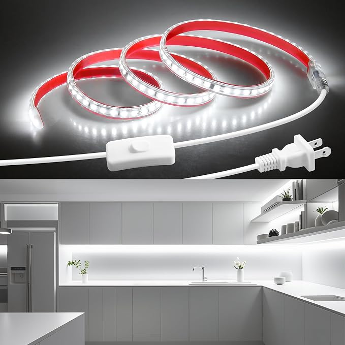 Plug in Under Cabinet Strip Lights Waterproof 48in Self-Adhsive White LED Light Strips with Switch Flexible Kitchen Under Counter Lights 120LED/M High Density LED Light Bar for Bedroom Home Decor