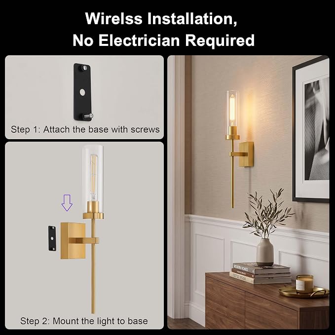 Wireless Wall Sconces with Remote Control, Brushed Gold Battery Operated Wall Sconce Set of 2, Dimmable Rechargeable Wall Decor Lights for Living room Dining room Bathroom Bedroom Hallway Stairwell