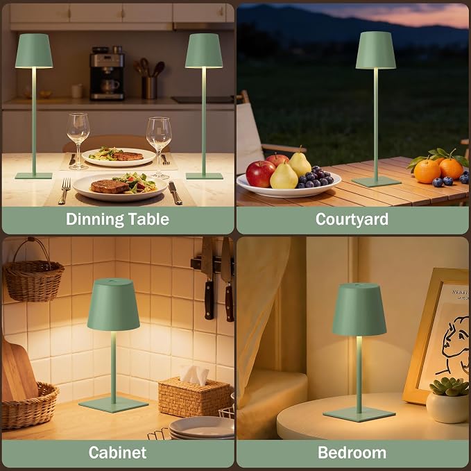 Kakanuo Green Cordless Rechargeable Table Lamp, 2 Pack Portable Desk Lamp with 5000mAh Battery, Touch Control Stepless Dimming, Wireless Night Light for Dining, Outdoor Camping