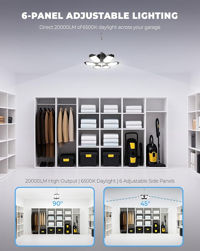 2 Pack Motion Sensor Garage Lights with Remote, 20000LM Plug-In Shop Lights | 1/3/5-Min Auto-Off, Linkable Design, 6 Deformable LED Panels, Ultra Bright 6500K Wide-Angle Lighting for Garages, Workshops