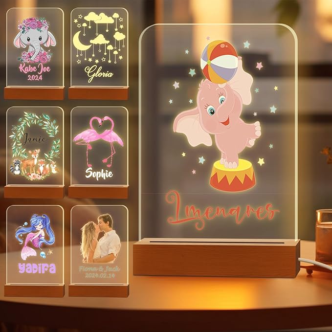Personalized Night Light for Kids Custom Engraved Name Acrylic LED Lights with Wood Base for Nursery Bedroom Decor Night Lamp, Customized Birthday Gifts for Girl,Elephant