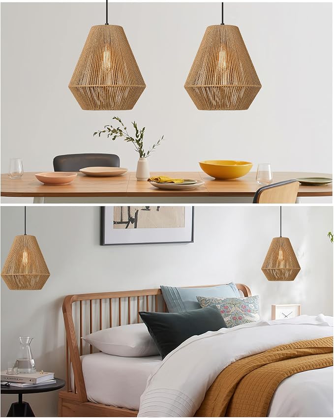 ELYONA Woven Pendant Lights Modern Boho Hanging Lamp with 12" Handwoven Rattan Basket Shade Adjustable Rustic Pendant Light Fixtures for Kitchen Island Farmhouse Dining Room Bar Bedroom Foyer Hallway