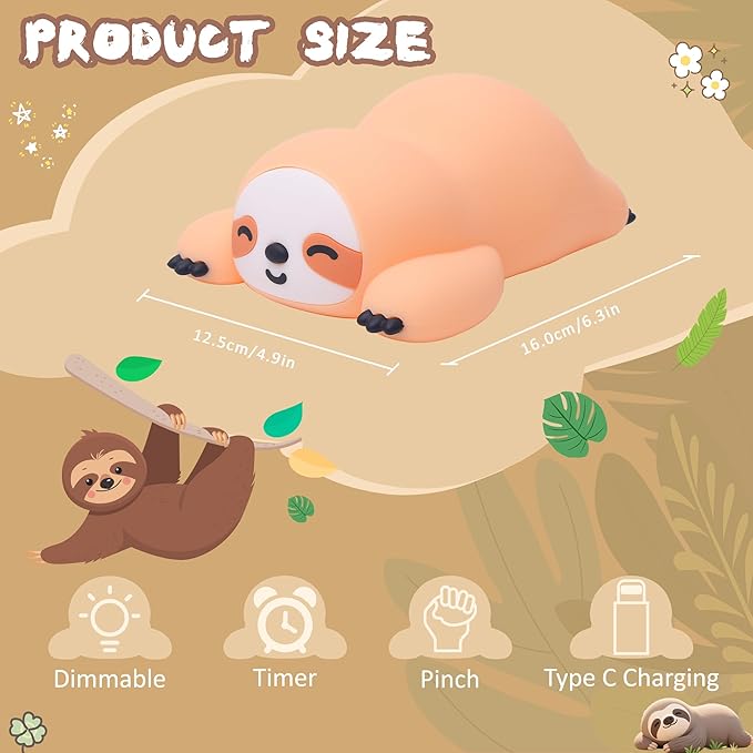 Sloth Gifts, Cute Animal Silicone Night Light with USB Rechargeable, Touch Control & Timer, Suitable for Breastfeeding Reading Working Sleep for Baby Kids Teens Adults