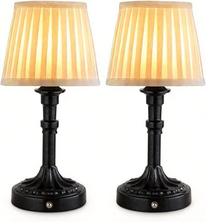 Mr.White Set of 2 Rechargeable Cordless Table Lamp with Fabric Shade, 5200mAh Battery Operated LED Table Light, for Restaurant Kitchen Patio Dinner Dining (Black)