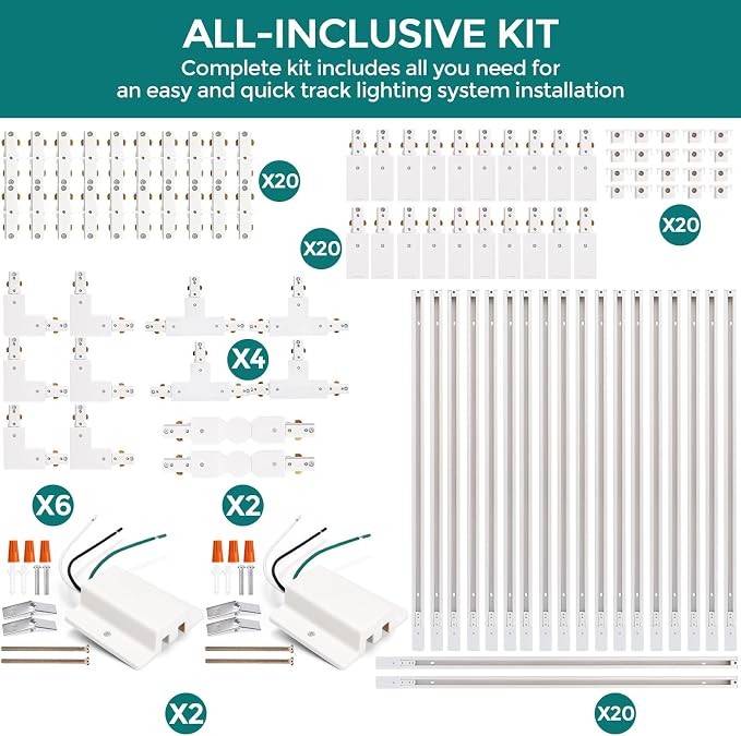 H Track Lighting Rails Kit - iCreating 65.6ft White Track Lighting Tracks 3 Wire with Floating Canopy Connector, L Connector, I and T Connectors for Single Circuit H Type LED Tracks Light Head