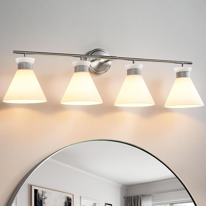 WOSHITU Bathroom Light Fixtures: Brushed Nickel 4 Lights Bathroom Vanity Lights Over Mirror with Milky White Frosted Glass Shade, 36 inch Farmhouse Vanity Lighting Sconce (Exclude E26 Bulb)