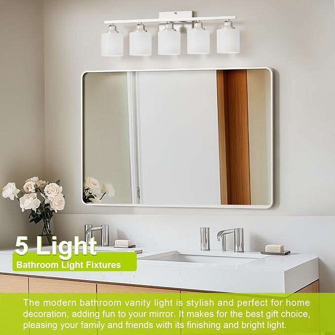5-Light Bathroom Light Fixture, Brushed Nickel Vanity Lights Over Mirror, Anti-Rust, White Glass Shades, E26 Base, Bulb Not Included