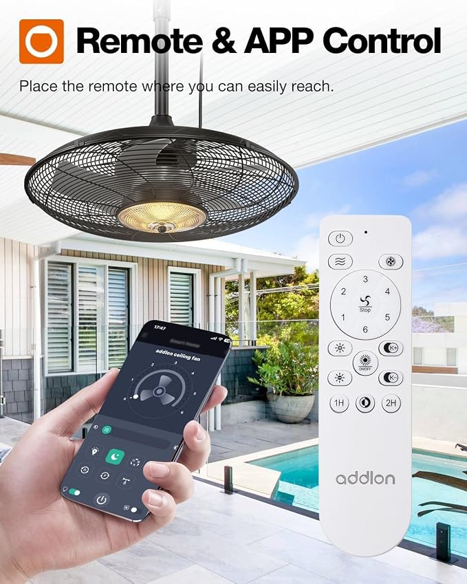 addlon 20" Outdoor Ceiling Fan with Light for Patio, IP65 Plug in Caged Fan | Waterproof, Hanging, Reversible DC Motor, 6 Speeds, Remote/APP Control, Quiet Operation, Timer, for Gazebo, Patio, Porch