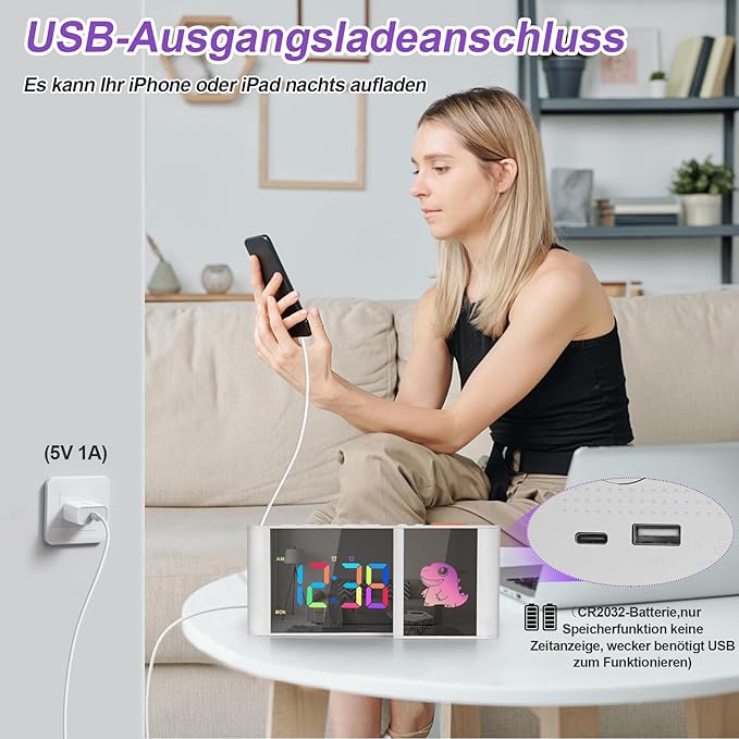 Alarm Clock,Alarm Clocks Bedside with Cute Cartoon,7.2''Large Mirror Clock,11 Colors Digital,10 Colors RGB Cartoon,Week Display,Auto Dimming,Dual Alarms,USB Port,5 Levels Volume for Bedroom Home Decor