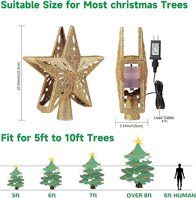 Christmas Star Tree Topper with Built-in Led Snowflake Projector Lights Hollowed Pentagram Golden Tree Topper,Plug in Christmas Tree Ornament for Indoor New Year Holiday Tree Decoration
