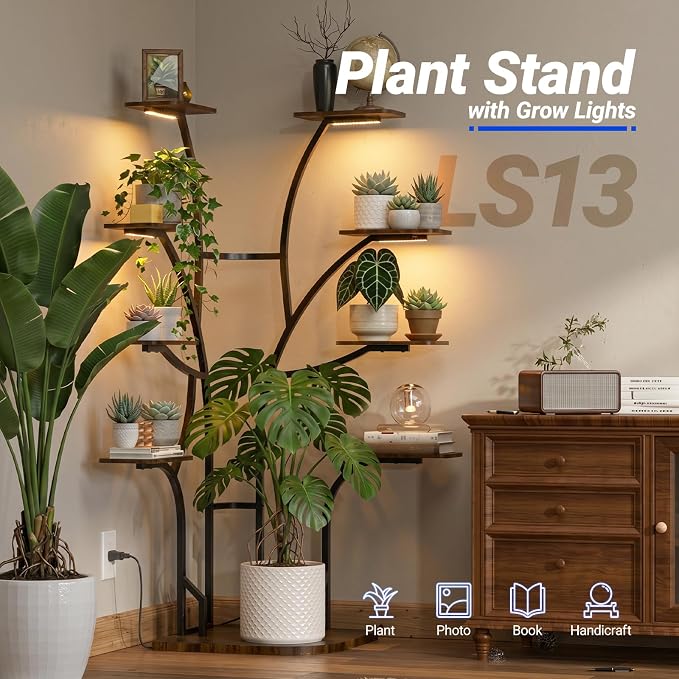 Barrina LS13 Corner Plant Stand with Grow Lights, 9-Tier, Full Spectrum | 63.8" Tall Plant Shelf, Warm T5 Grow Light, Timer, Tree-Shape Corner Flower Holder for Living Room, Home Decor, Gardening