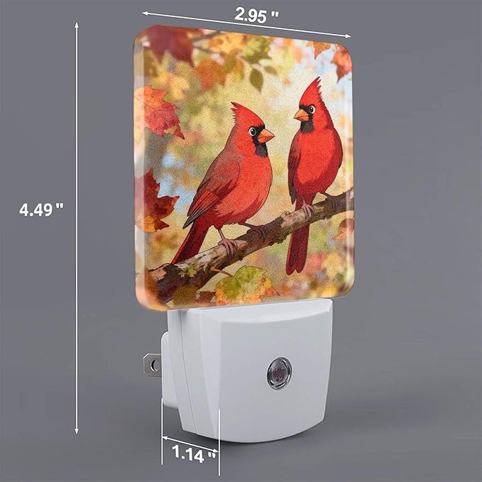 Fall Maple Night Light Set of 2, Red Birds Auto Sensor LED Dusk-to-Dawn Nightlights, Plug-in Sensor Lamp for Bedroom Bathroom Kitchen Hallway Stairs Decorative
