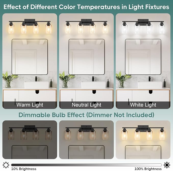 Ascher Bathroom Light Fixtures, 4-Light Vanity Light Over Mirror, Matte Black Wall Sconces with Clear Glass Shades, Wall Lamp for Living Room Bedroom, E26 Base(Bulbs Not Included)