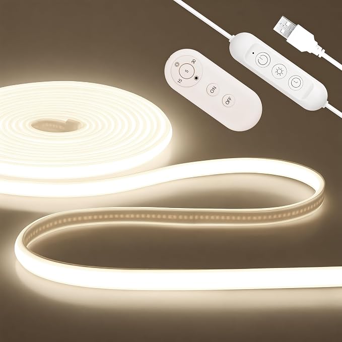 ALITOVE USB LED Strip Lights Outdoor 5V Natural White 4000K with Remote | 16.4FT Waterproof LED Light Strip, Dimmable Neon Rope Light, for Indoor Outdoor Office Home Boat Camping Lighting Decor
