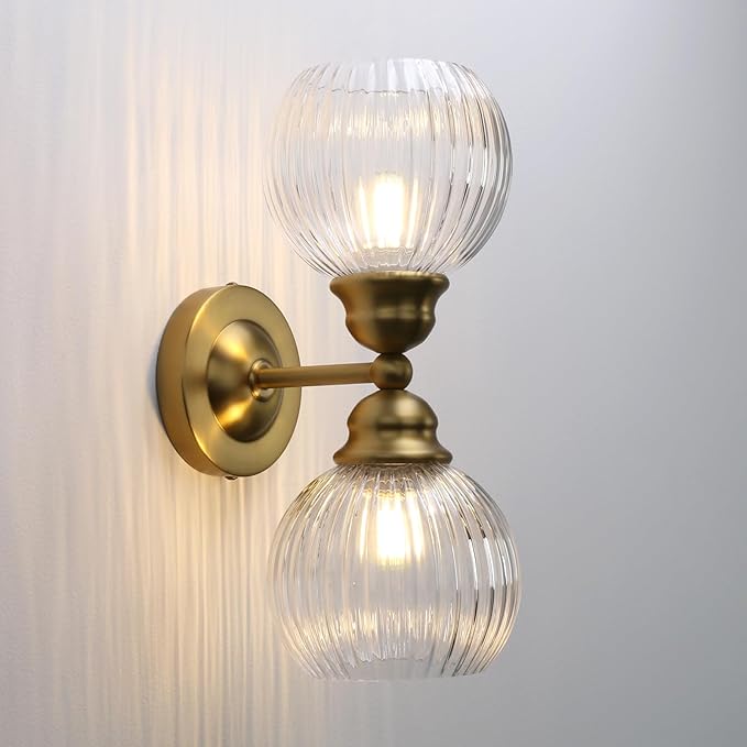 Pathson 2 Heads Wall Sconce Striped Glass Shade, 2-Light Modern Bathroom Sconces Wall Vanity Light Fixtures Brass Finish, Vintage Wall Sconce Lamp for Mirror Living Room Bedroom Farmhouse Lighting