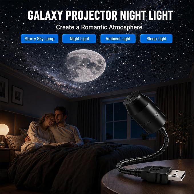 USB Galaxy Projector Night Light, Galaxy Starry Sky Night Light Projector,360°Rotation Night Light Star Projector with Romantic Atmosphere, Portable Mini Star Roof Lights for Car Bedroom Decor (1PCS)