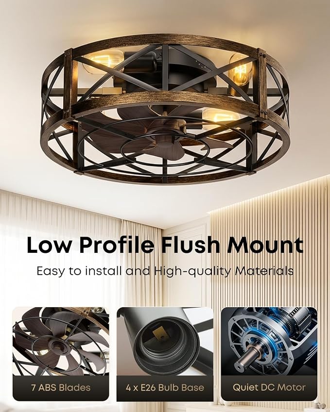 Caged Ceiling Fan with Light and Remote, 20" Low Profile Flush Mount Ceiling Fans with Light, 6 Speed, Timing, Reversible DC Motor, Small Farmhouse Fan Lights for Bedroon Kitchen Living Dining Room