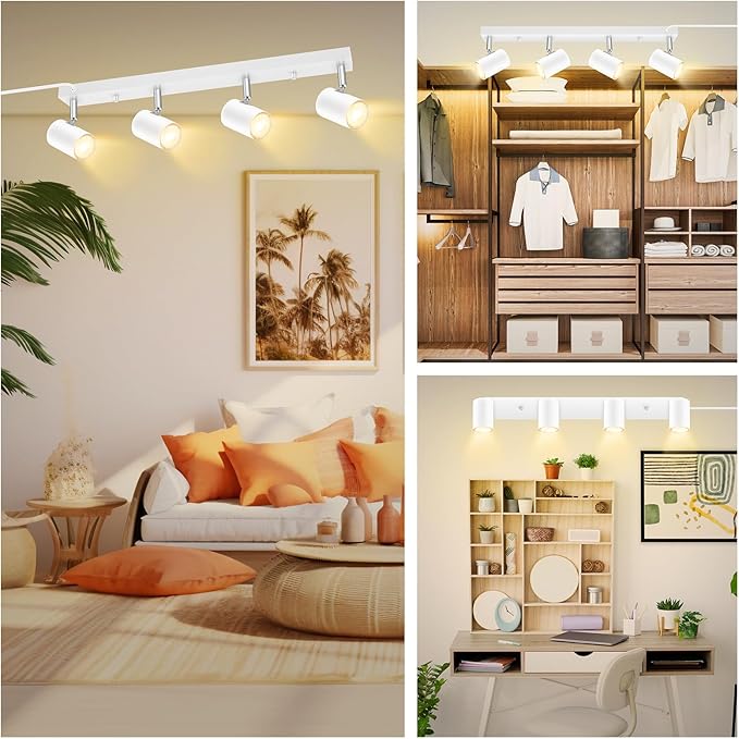 4 Light Track Lighting Kit,White 4 Way Modern Plug in Ceiling Spotlight,Industrial LED Wall Light for Kitchen Cabinet Gallery Bar Hallway Living Room,Rocker Switch,15 Foot Cord(No Bulb)