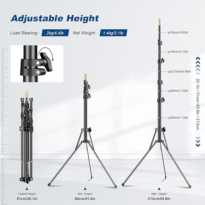 Godox Light Stand 210CM/83.9 in Extendable Photography Light Stand with 1/4” & 3/8” Universal Screw Reversible Portable Studio Lighting Tripod with Carry Bag Portable for Strobe Light Camera Softbox