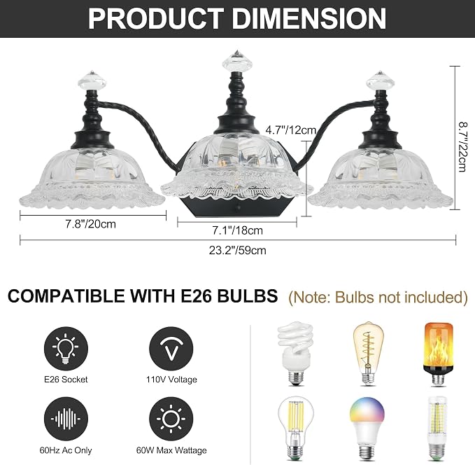 Vintage Bathroom Light Fixtures, 3 Light Black Vanity Lights with Floral Clear Glass Shades, Retro Wall Sconce for Mirror, Powder Room, Bedroom