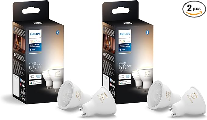 Philips Hue Smart 60W GU10 LED Bulb - White Ambiance Light - 4 Pack - 450LM - Indoor - Control with Hue App - Compatible with Alexa, Google Assistant and Apple Homekit