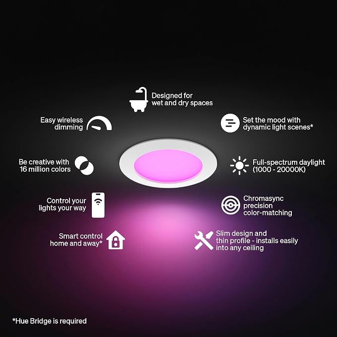 Philips Hue Slim Downlight, Recessed LED Ceiling Light, 1-Pack, White | 6-Inch, Canless Design, Full-Spectrum Daylight 1000K-20000K, 1200 Lumens, Ultra-Low Dimming, Precise Color, Smart Lighting