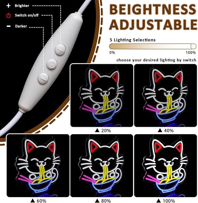 Fortune Cat Ramen Neon Sign for Wall Decor, Japanese Lucky Cat Led Signs for Business, USB Dimmable Cartoon Cat Neon Lights for Noodles Shop Kitchen Home Pub Dinning Room Restaurant Wall Art